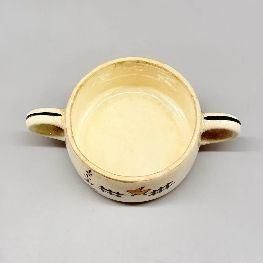 Vintage Stoneware Sugar Bowl With Lid & Handles Bird Design Cream Green Yellow